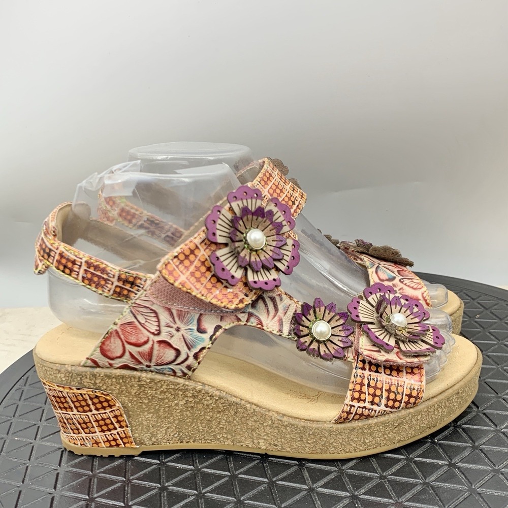 L'Artiste Sandals Women 37 Size 6.5 7 Shoes Wedge Platform Leather Floral Orange